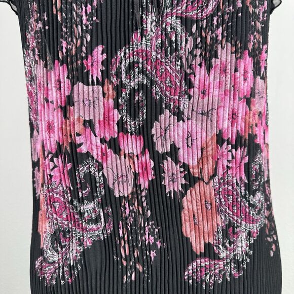 Chaudry KC Top Womens Small Black Sheer Pleated Loose Flowy Tropical Floral NEW - Picture 4 of 13